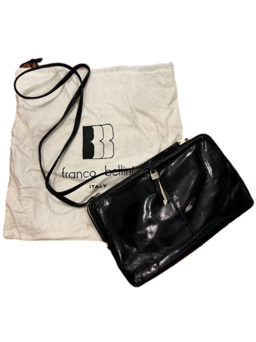 1970s FRANCO BELLINI BLACK LEATHER CLUTCH METAL & LEATHER PULL VINTAGE PURSE
